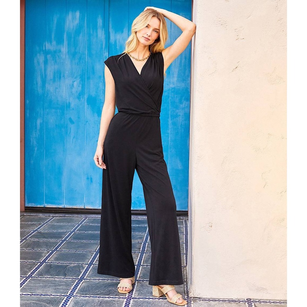 Karen Kane Black Sleeveless Travel Jersey Wrap V-Neck Wide Leg Jumpsuit Medium